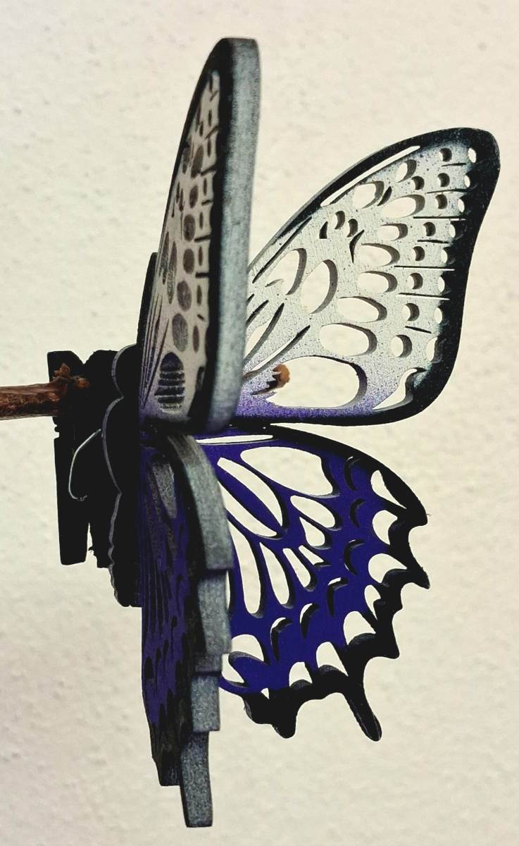 Designový dřevěný motýl Airbrush - MINI černý lem -fialová/bílá varianta 5