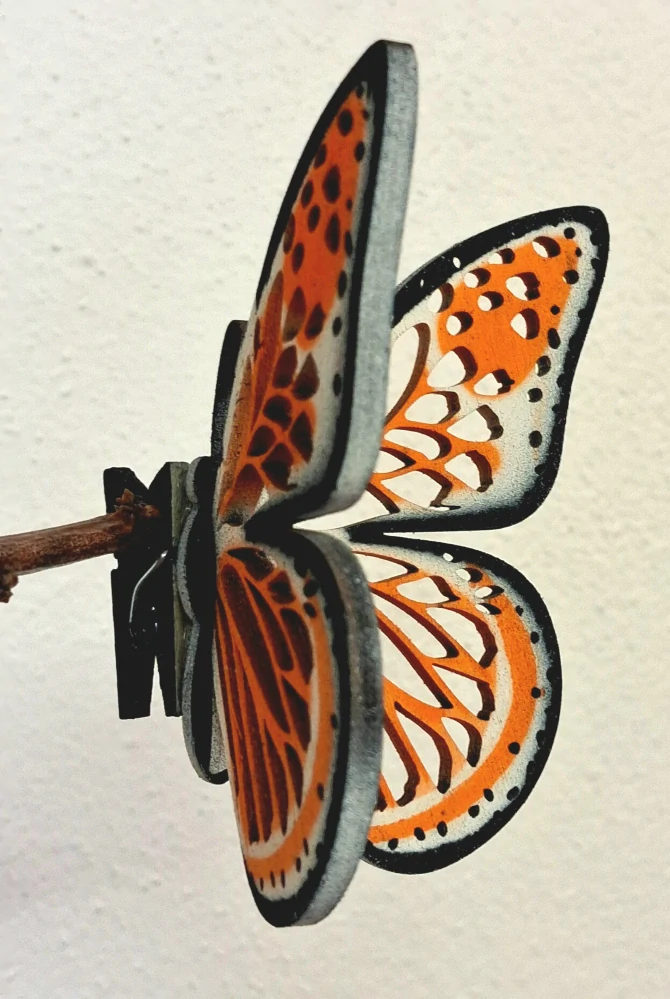 Designový dřevěný motýl Airbrush - MINI černý lem bílo-oranžová - varianta 6