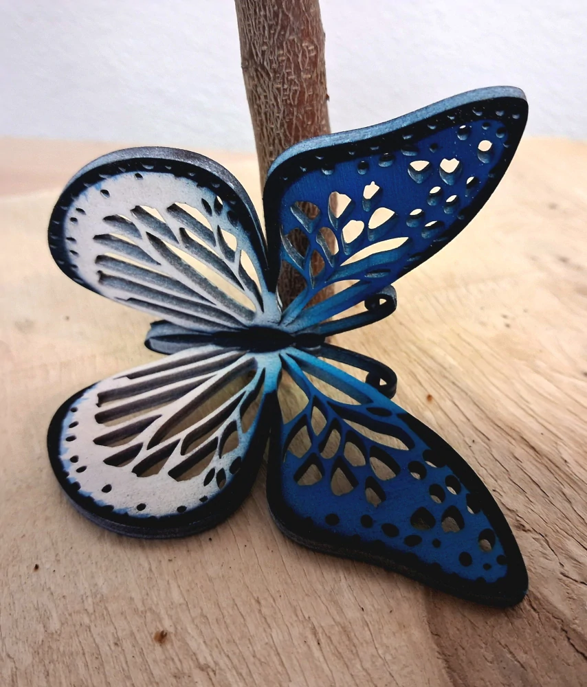 Designový dřevěný motýl Airbrush - MINI černý lem bílá/modrá - varianta 6