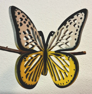 Designový dřevěný motýl Airbrush - MINI černý lem žlutá/bílá - varianta 6