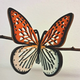 Designový dřevěný motýl Airbrush - MINI černý lem bílá/oranžová - varianta 6