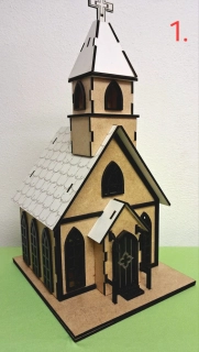 Dřevěná 3D dekorace kostelík z MDF (originální barvy)